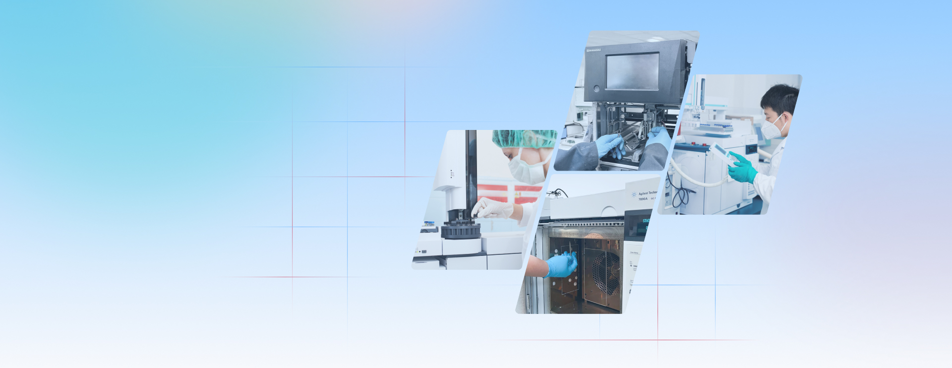 Collage of laboratory technicians operating analytical instruments and analytical equipment in a modern lab environment.